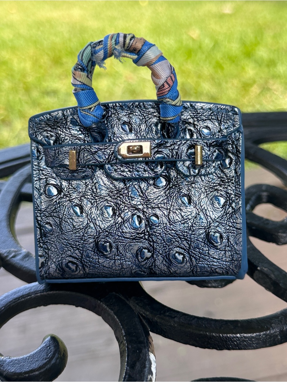Navy Textured Mini Tote Bag with Scarf-Wrapped Handle